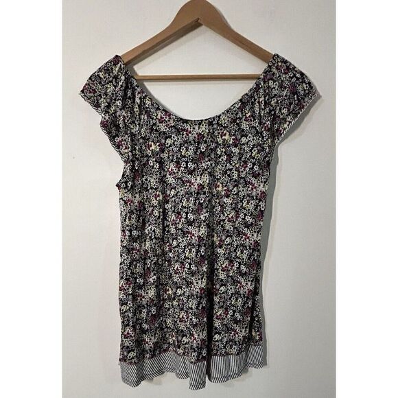 Ellen Tracy Black Pink Floral Cap Sleeve Stretch Top Shirt Tee Blouse Women's M - Picture 2 of 4